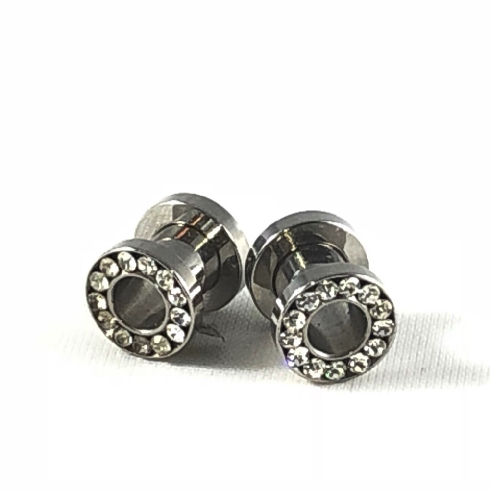 Silver Stainless Steel & CZ Ear Gauge Tunnels